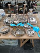 A HALLMARKED SILVER AND ENAMEL DRESSING TABLE SET TOGETHER WITH VARIOUS SILVER PLATED AND OTHER