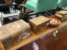 THREE ANTIQUE AND LATER INLAID BOXES TOGETHER WITH TWO PIECES OF TREEN