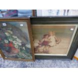 TWO VINTAGE COLOUR PRINTS A FLORAL STILL LIFE AND CHILDREN AT THE BEACH