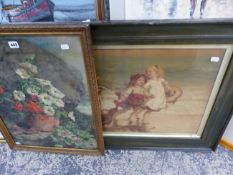 TWO VINTAGE COLOUR PRINTS A FLORAL STILL LIFE AND CHILDREN AT THE BEACH