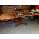 A VICTORIAN MAHOGANY EXTENDING PEDESTAL DINING TABLE, TWO EXTENSION LEAVES. OVERALL WIDTH 212 cm's.