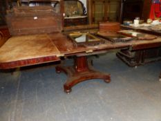 A VICTORIAN MAHOGANY EXTENDING PEDESTAL DINING TABLE, TWO EXTENSION LEAVES. OVERALL WIDTH 212 cm's.