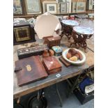 TREEN FRUIT, VARIOUS BOXES, ART DECO STYLE DRESSING TABLE MIRROR, WOODEN STANDS, A GARRARD MANTEL