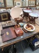 TREEN FRUIT, VARIOUS BOXES, ART DECO STYLE DRESSING TABLE MIRROR, WOODEN STANDS, A GARRARD MANTEL