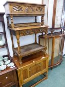 THREE CARVED OAK TABLES AND CABINET.