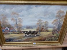 TWO LARGE OIL ON BOARD PAINTINGS, COUNTRY SIDE RURAL SCENES, SIGNED.