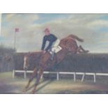 20th CENTURY ENGLISH SCHOOL "OVER THE JUMP" SIGNED INDISTINCTLY OIL CANVAS 51 x 62 cms