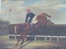 20th CENTURY ENGLISH SCHOOL "OVER THE JUMP" SIGNED INDISTINCTLY OIL CANVAS 51 x 62 cms