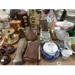 MASONS JARS, BRASS CANDLESTICKS, COPPER JELLY MOULDS, DECORATIVE CHINA DN GLASS WARE ETC