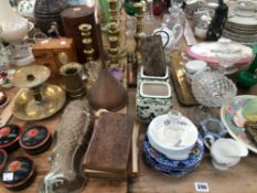 MASONS JARS, BRASS CANDLESTICKS, COPPER JELLY MOULDS, DECORATIVE CHINA DN GLASS WARE ETC