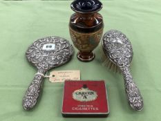 A HALLMARKED SILVER BRUSH AND MIRROR SET TOGETHER WITH A ROYAL DOULTON PATTERN 7086 VASE AND A TIN