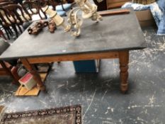 A GREY SLATE TOPPED PINE TABLE WITH DRAWERS TO EACH END AND ON BALUSTER TURNED LEGS. W 149 x D 94