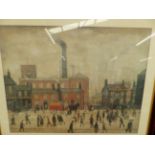A LARGE COLOUR PRINT OF A CITY SCAPE AFTER L.S. LOWRY TOGETHER WITH A HUNTING SCENE AFTER A