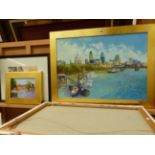 MARION SYMES CONTEMPORARY ARR. TWO THAMES RIVER VIEWS, SIGNED OIL ON CANVAS LARGEST 49 x 69 cms