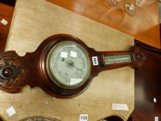 AN OAK CASED ANEROID BAROMETER AND MERCURY THERMOMETER