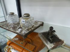 SILVER ON COPPER MOUNTED INK STAND WITH TWO RECEIVERS AND A BRONZE CHERUB ON PLINTH