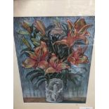 A 20th C. STILL LIFE OF LILIES, PASTEL. TOGETHER WITH A ETHNOGRAPHIC PICTURE (2)
