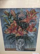 A 20th C. STILL LIFE OF LILIES, PASTEL. TOGETHER WITH A ETHNOGRAPHIC PICTURE (2)