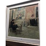 20th CENTURY SCHOOL "THE LACE MAKERS" SIGNED INDISTINCTLY OIL ON CANVAS, GALLERY LABEL VERSO, 80 x