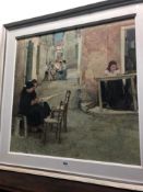 20th CENTURY SCHOOL "THE LACE MAKERS" SIGNED INDISTINCTLY OIL ON CANVAS, GALLERY LABEL VERSO, 80 x