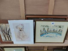A GROUP OF LANDSCAPE WATERCOLOURS AND OTHER DECORATIVE PRINTS