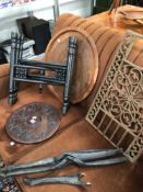 TWO ETHNIC OCCASIONAL TABLES TOGETHER WITH A METAL GRATE