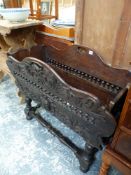 A FOLIATE CARVED MAHOGANY CRADLE WITH TWO HANDLES PIERCED ABOVE BALUSTRADE BANDS. W 100 x D 46 x H