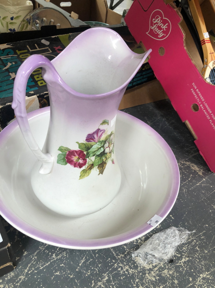 A COLLECTION OF DRINKING GLASSES, GLASS BOWLS, JUGS A POTTERY WASHBOWL AND JUG, A WOODEN BOX ETC. - Image 2 of 2