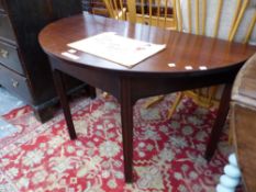 A 19th C. MAHOGANY DEMILUNE TABLE ON FOUR CHANNELLED SQUARE LEGS. W 118 x D 60 x H 72cms.