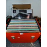 A SMALL COLLECTION OF EASY LISTENING VINYL RECORDS, A "STILO" TURNTABLE BOXED AND A TYPEWRITER.