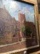 RUMSEY ? ENGLISH 19th/20th CENTURY SCHOOL, BY THE CATHEDRAL, SIGNED OIL ON CANVAS 60 x 50 cms