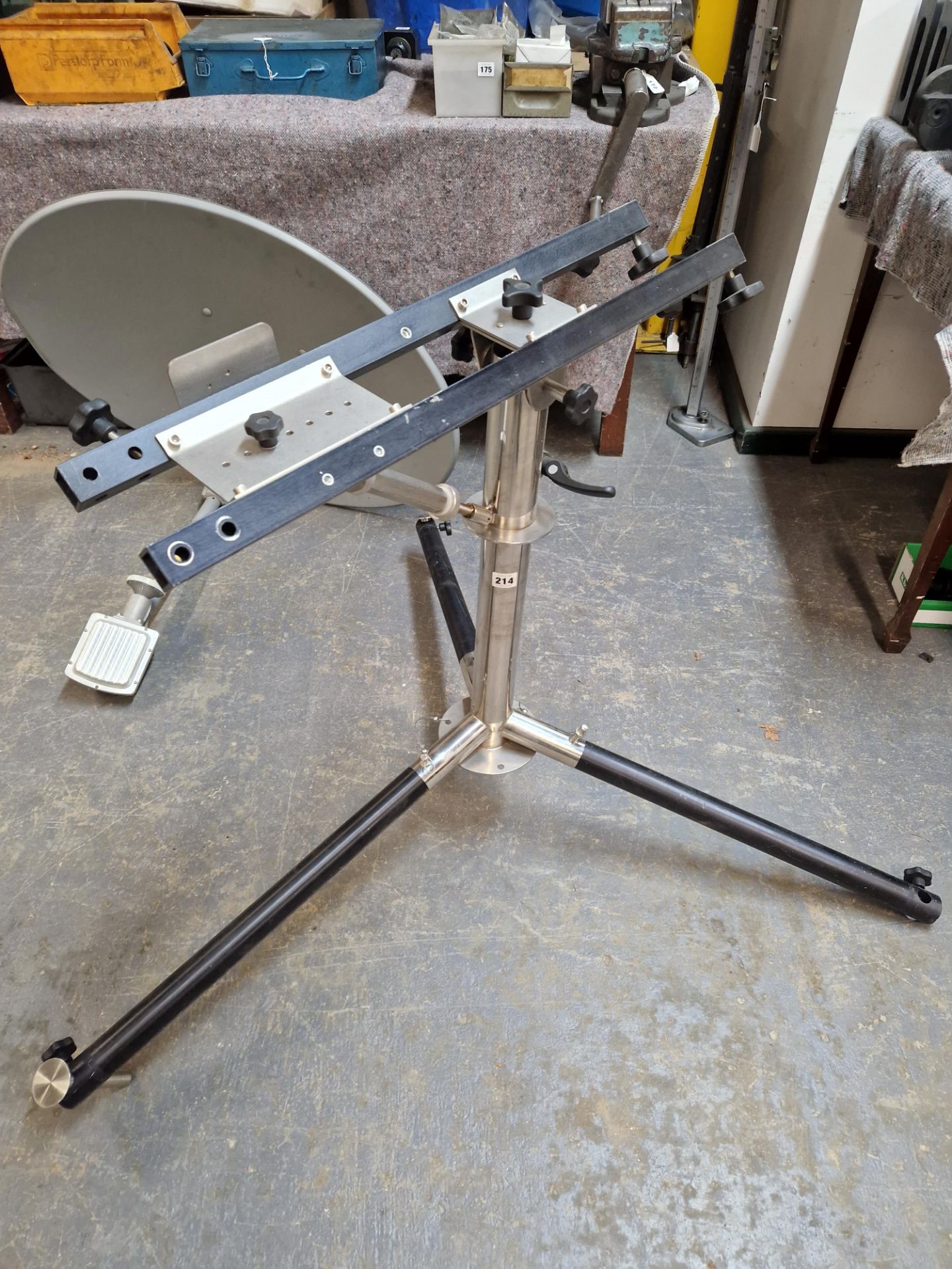 A WELL ENGINEERED BESPOKE MADE SATELLITE DISH TRIPOD STAND WITH DISH.