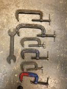 SIX LARGE KENNEDY,RECORD AND OTHER G CLAMPS TOGETHER WITH A LARGE 50/55mm SPANNER.