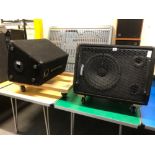 PAIR OF PROSOUND MONITOR SPEAKERS, MOUNTED ON WOODEN FRAMES WITH CASTORS