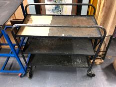 A VINTAGE METAL TOOL TROLLEY.