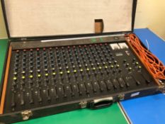 MM ELECTRONICS 18 TRACK MIXING DESK WITHIN TRAVELLING CASE. 94 x 51 x 18 cms