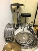 PREMIER SNARE DRUM AND STAND, HI-HAT AND STAND DRUM STOOL, BASS DRUM PEDEL VARIOUS SKINS AND CYMBALS