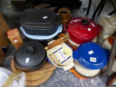 LE CREUSET COOKING VESSELS, BREAD BOARDS, STONE WARE HOT WATER BOTTLES AND JARS