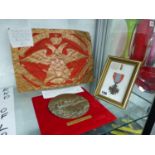 AN S JOHNSON BRONZE 1848 CARABINIERI MEDALLION, A FRAMED CROIX DE GUERRE AND A COPPER PLAQUE