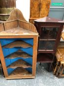 A GEORGE III OAK OPEN SHELF CORNER CUPBOARD. W 63 x H 127cms. TOGETHER WITH AN EDWARDIAN MAHOGANY