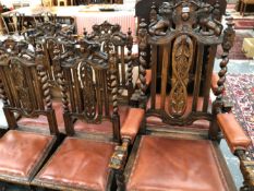 A SET OF SIX CHARLES 2ND STYLE OAK CHAIRS INCLUDING TWO WITH ARMS, THE BACKS SUPPORTED ON BARLEY