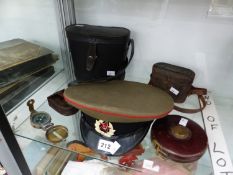 A COMPASS, A RUSSIAN MILITARY CAP, A TAPE MEASURE AND TWO CASED PAIRS OF BINOCULARS, ONE BY REGENT