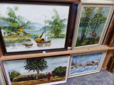 SIX VARIOUS OIL ON CANVAS PAINTINGS INC. AFRICAN SCENES AND A WATERCOLOUR PORTRAIT STUDY.