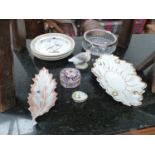 A LIMOGES LEAF DISH, THREE HAND PAINTED CABINET PLATES, A COPENHAGEN GOOSE ETC.