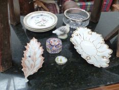 A LIMOGES LEAF DISH, THREE HAND PAINTED CABINET PLATES, A COPENHAGEN GOOSE ETC.