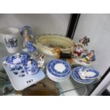 A WEDGWOOD WILLOW PATTERN MINIATURE DINNER WARES, A BUNNIKINS CHILDRENS BOWL, DOG AND OTHER FIGURES