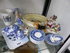 A WEDGWOOD WILLOW PATTERN MINIATURE DINNER WARES, A BUNNIKINS CHILDRENS BOWL, DOG AND OTHER FIGURES