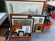 A LARGE 19th C. ENGRAVING, TWO SILHOUETTE PICTURES, A PAIR OF MINIATURE WATERCOLOURS, A NAIVE OIL