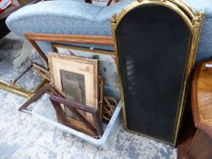 A BRASS FOLDING SPARK GUARD, A QUANTITY OF CARPET BEATERS, PICTURES ETC.