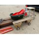 A PAIR OF VINTAGE SCHOOL BENCHES, TOGETHER WITH A BENCH DOLLY AND A VAULT HORSE